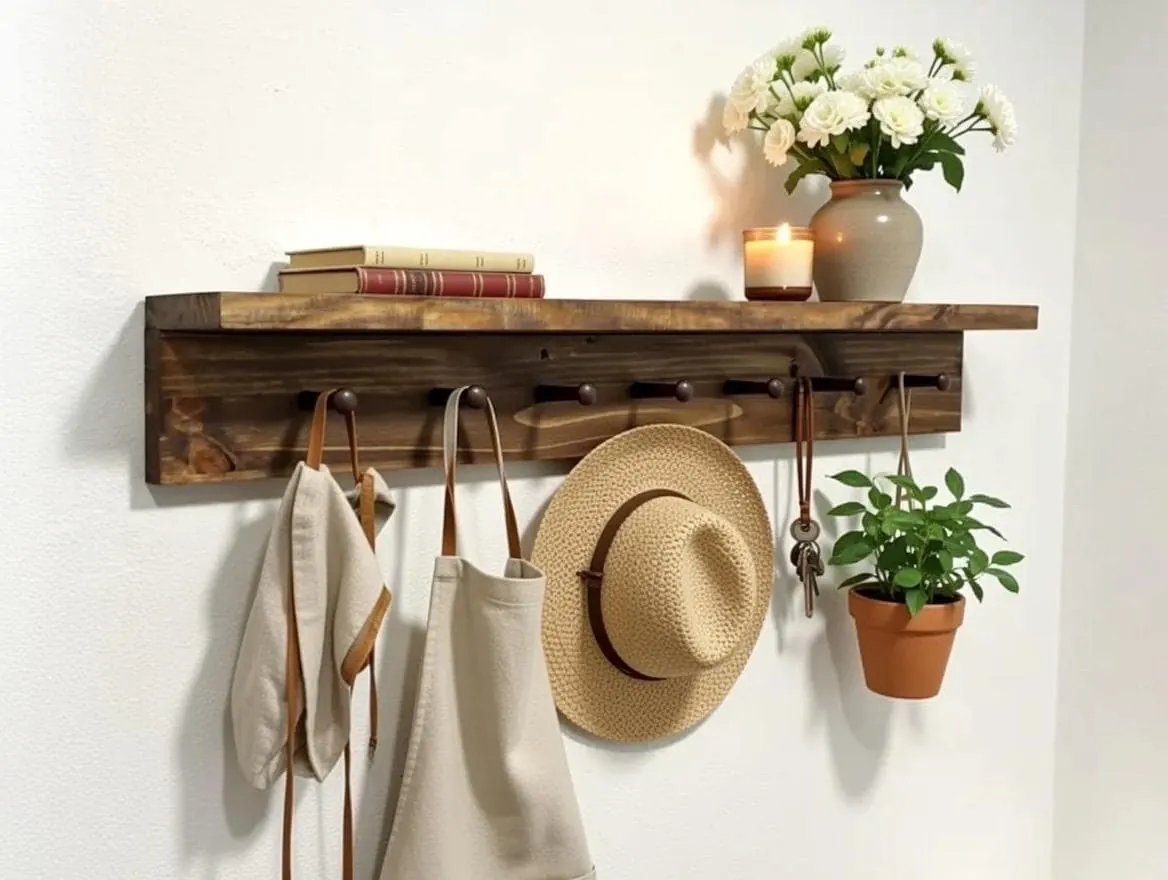 A long rustic peg shelf with a straw hat, canvas tote, linen apron and a potted plant, with flowers and a candle on top