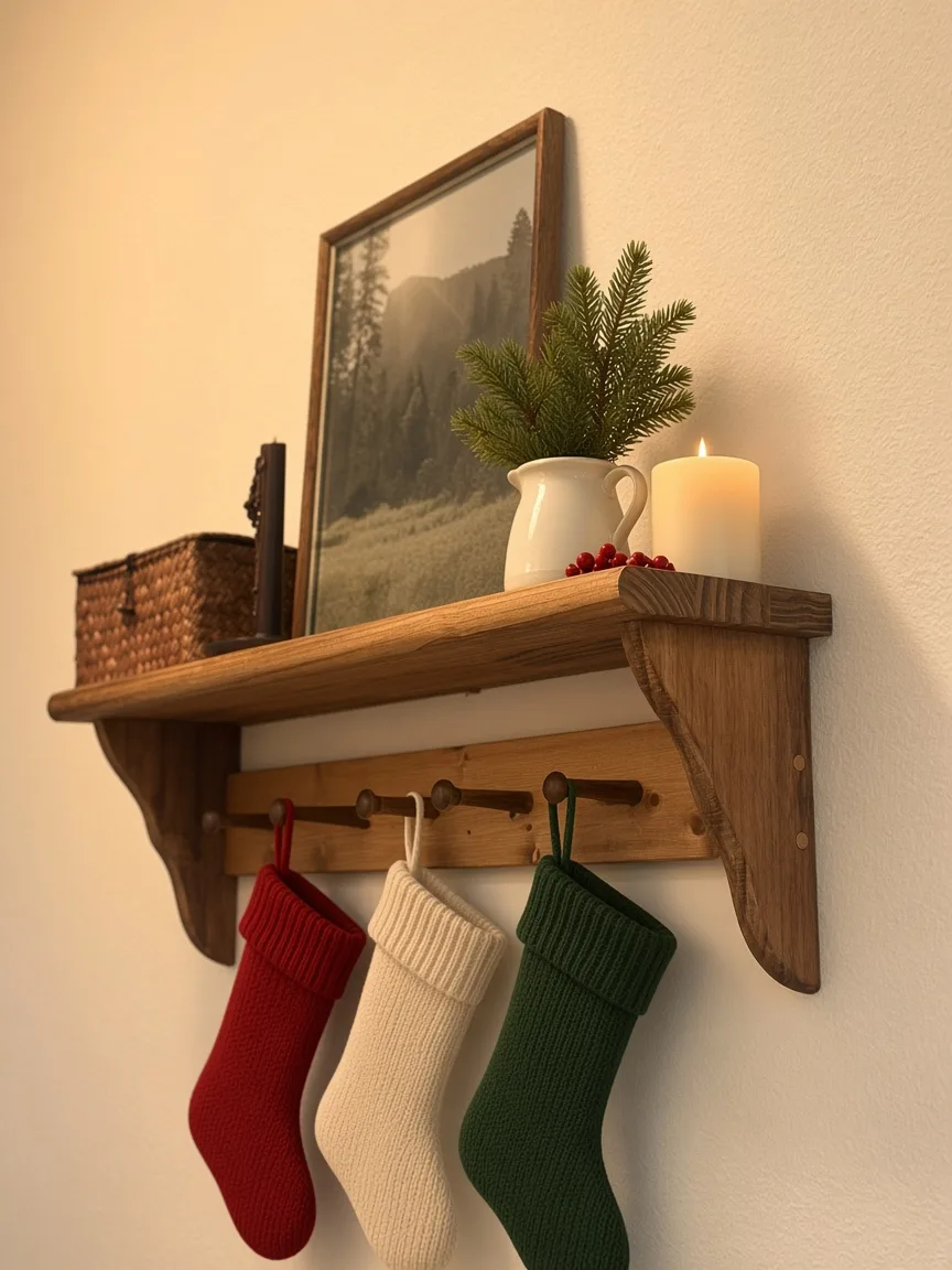 A LivingCraftCo Shaker peg shelf styled for Christmas with three knit stockings hanging from the pegs, an evergreen sprig in a white pitcher and a candle on top