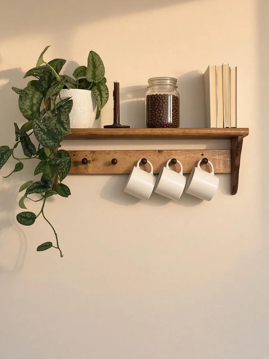 A Shaker peg shelf styled as a coffee bar with white mugs hanging from the pegs