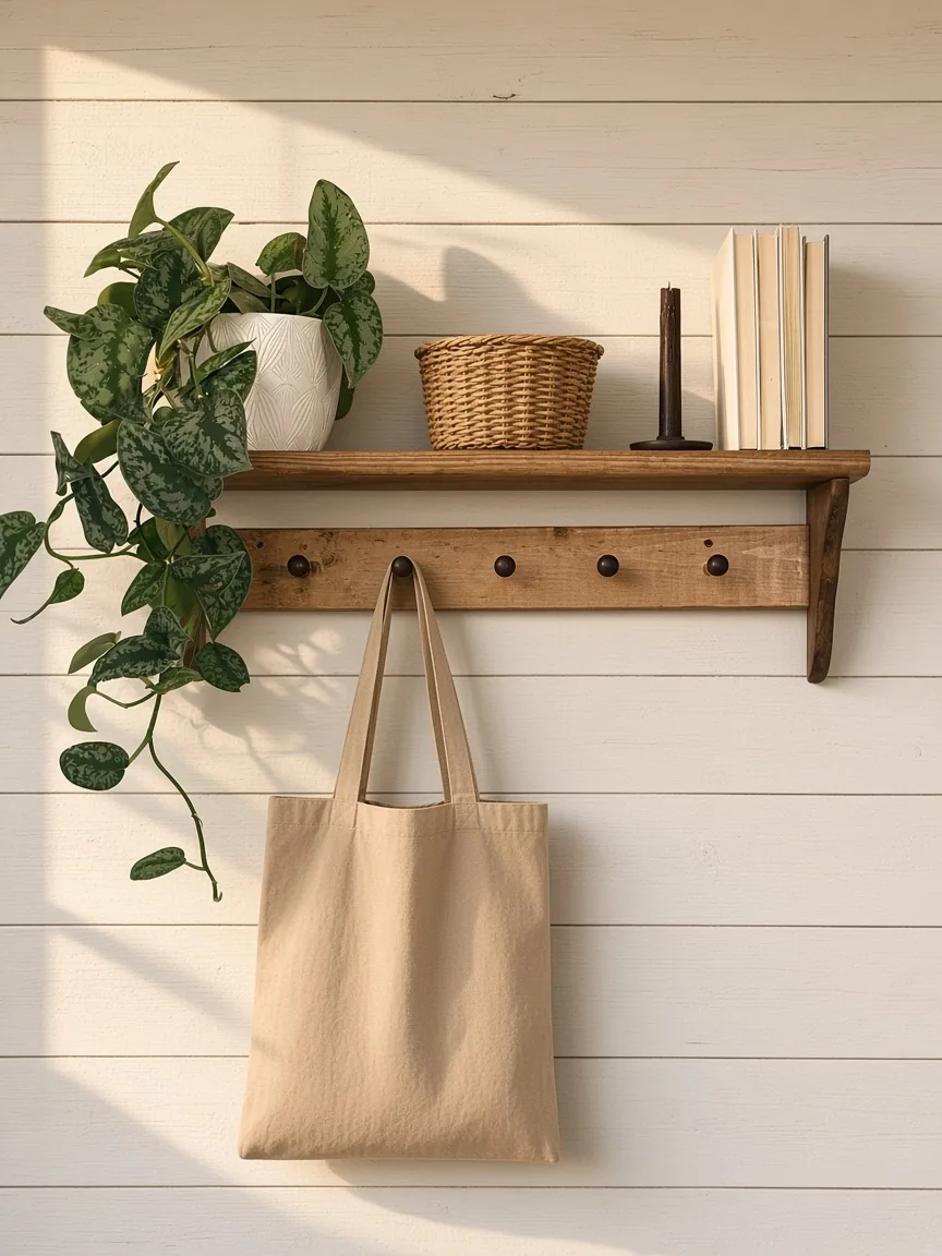 A Shaker peg shelf styled in an entryway with a canvas tote on a peg and a trailing plant