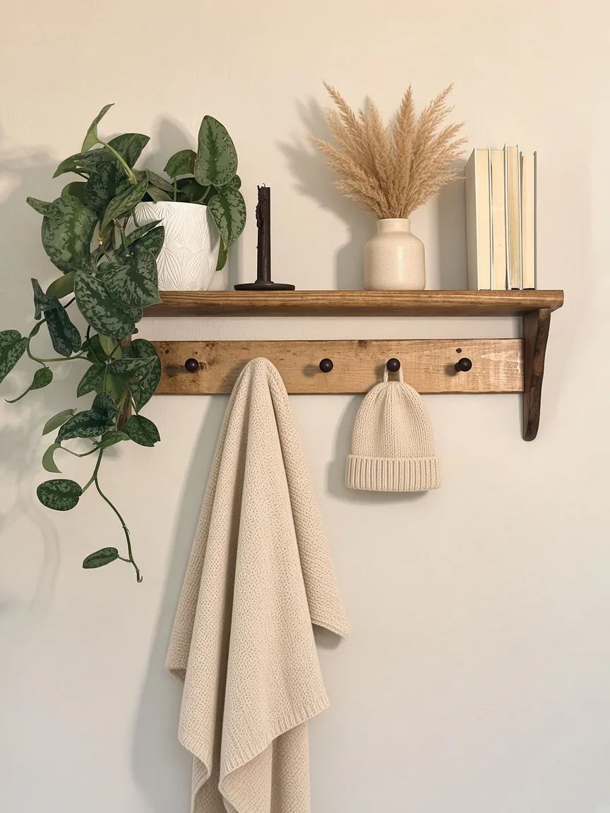 A Shaker peg shelf styled in a nursery with a knit blanket and hat on the pegs